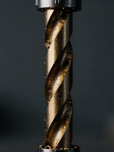 Extreme close-up of heavy industrial drill bit with gold-hued metallic shavings, cinematic low-key lighting, deep graphite background, 35mm lens.