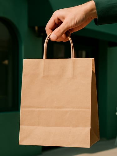 A close-up shot of a hand holding a custom-branded takeaway bag with minimalist typography, set against a modern Riyadh cafe facade, natural sunlight
