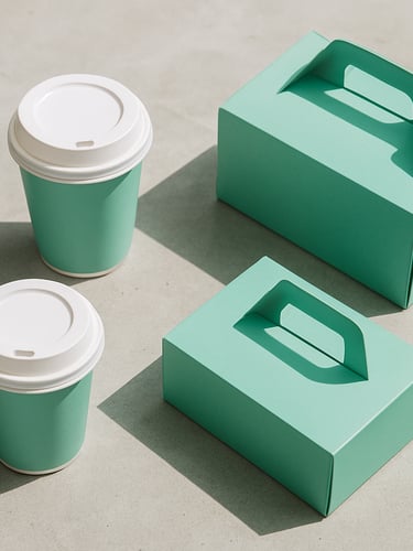 Overhead flat-lay of custom-printed mint green coffee cups and branded bakery boxes on a clean concrete cafe counter, bright natural daylight, 50mm lens