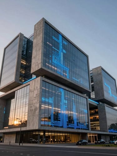 Ultra-modern architectural rendering of a technology hub in Kinshasa, sharp geometric concrete lines, glowing blue data visualization lines projected on glass, cinematic 21:9 framing, sunset lighting