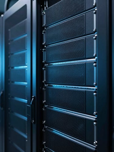 Macro shot of clean server environments inside a modern datacenter, cool-toned rim lights, deep blue and cyan ambient luminescence.