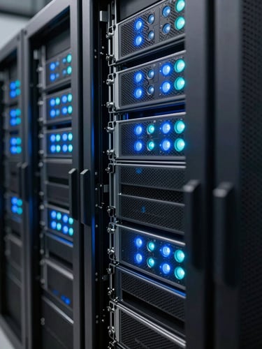 Ultra-close macro shot of clean, high-performance server racks in a modern data center, glowing cool blue and cyan indicators, precise geometric alignment