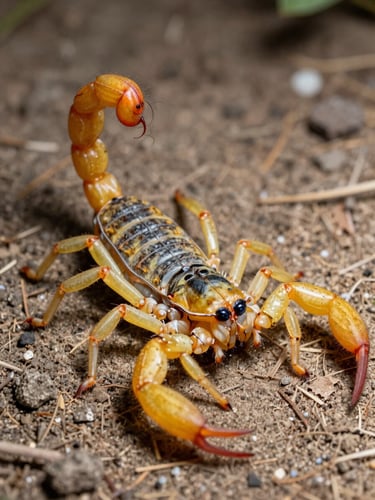 Extreme macro photography of a Brazilian yellow scorpion on dry ground, clinical high-contrast lighting, sharp focus on the stinger, sterile scientific framing.