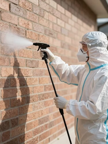 Bright high-contrast shot of a professional pest control technician in white protective suit and mask applying barrier spray to a clean brick wall exterior.