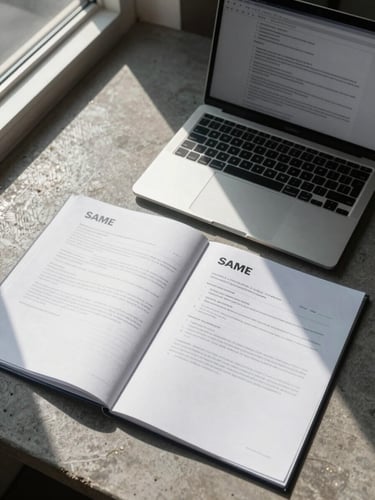 Overhead flat-lay of open contract documents and a SAM.gov registration screen on a laptop, placed on a concrete-grey desk surface, daylight from a side window casting clean directional shadows across the pages
