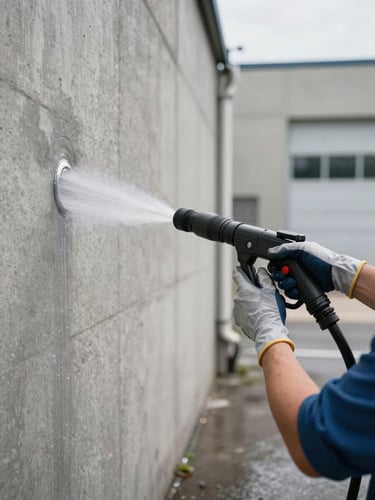 Close-up environmental shot — gloved hands operating a commercial pressure washer against a concrete facility wall, water spray visible mid-air, industrial exterior in background, daylight, wide-angle framing establishing the scope of work