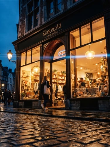 Dramatic low-angle shot of a local boutique storefront at dusk, warm golden-hour light spilling from windows, high-contrast shadows, cinematic anamorphic lens flare.