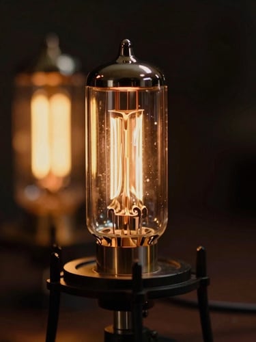 Close-up of a vintage studio microphone with warm amber vacuum tube glow in the background, low-key lighting, 35mm editorial photography