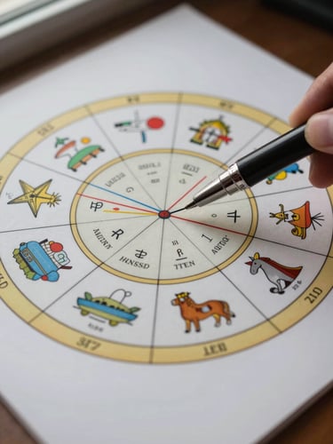 Close-up overhead of a printed zodiac wheel chart on matte paper, twelve house divisions clearly visible, a fine-tipped pen pointing to the ascendant line, even daylight from a side window, no decorative styling
