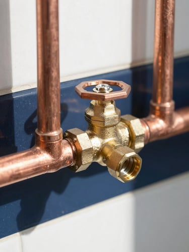 Close-up of clean copper pipe installations with brass valves, bright natural daylight, sharp focus on technical precision, 35mm lens