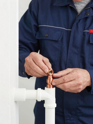 Close-up of a professional plumber in a clean navy uniform adjusting a copper pipe fitting, bright natural utility lighting, sharp focus, 35mm lens