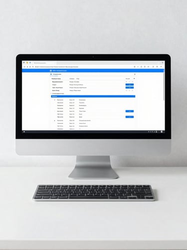 Minimalist technical photography of an office desk with a clean monitor displaying structured data flows, cool natural daylight, slate accents, sharp focus