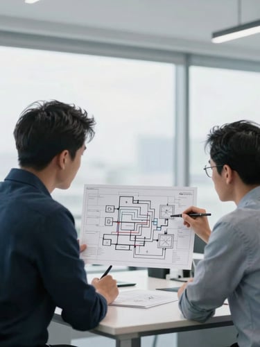 Two engineers reviewing a technical system architecture diagram in a modern, clean UK office, natural overcast daylight, 35mm