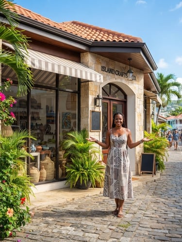Modern and thriving Caribbean business storefront, clean architecture, bright tropical morning light, a local business owner standing confidently outside, sharp focus, wide environmental shot.