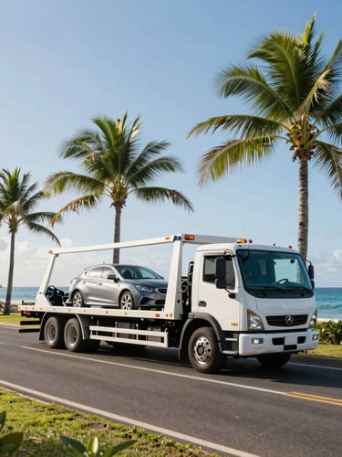 Wide shot of a modern tow truck assisting a car on a scenic coastal road in the Caribbean, clear tropical morning light, professional framing.