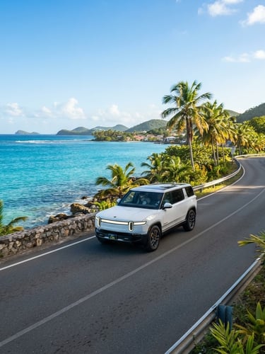Modern electric SUV driving on a scenic coastal road in the Caribbean, bright tropical morning light, clear blue sky, palm trees in the background, wide shot.