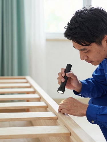 Close-up of a professional technician in a clean uniform inspecting a wooden bed frame seam with a flashlight, bright and reassuring daylight.