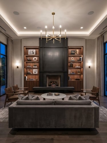Symmetrical architectural interior elevation of a luxury living room, crisp flambient lighting, straight lines, wide-angle lens