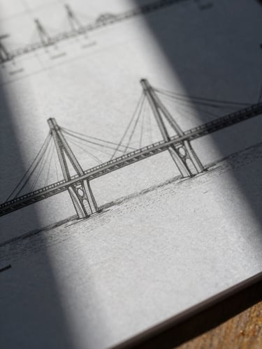 Macro detail of heavy textured paper stock with architectural blueprints of a modern bridge, dramatic side lighting casting sharp shadows, cold industrial tone.