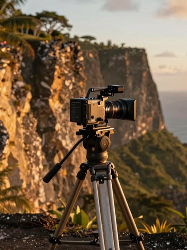 Cinematic editorial shot of an Arri Alexa camera rig on a heavy tripod overlooking the dramatic cliffs of northern Guadeloupe at golden hour, deep tropical shadows, intense warm sunlight, 35mm anamorphic lens.