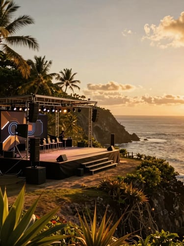 Cinematic editorial photography, high-end outdoor event stage being set up at golden hour on a Guadeloupe cliffside, deep tropical shadows, warm atmospheric lighting, anamorphic lens