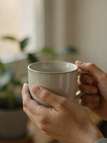 A close-up detail of hands holding a warm ceramic mug, soft-focus botanical background, warm diffused morning sun, muted earthy tones.