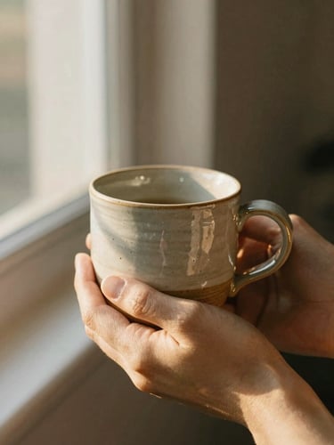 Close-up of hands holding a warm handmade ceramic mug, soft dappled golden-hour sunlight filtering through leaves, organic textures, shallow depth of field, 35mm film