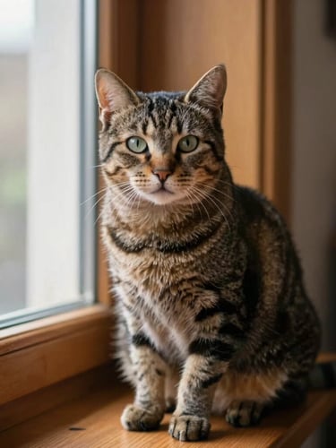 Eye-level portrait of a calm, happy tabby cat sitting on a warm wooden windowsill, soft natural daylight illuminating its whiskers, cozy home background, shallow depth of field, 35mm.