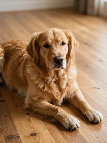 Eye-level warm editorial photo of a relaxed golden retriever lying on a clean hardwood floor in soft afternoon sunlight, shallow depth of field, 35mm