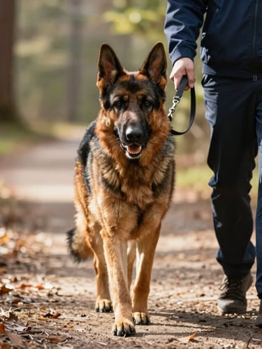 Eye-level shot of a disciplined German Shepherd walking on a leash alongside a professional handler on a sunlit trail in North Carolina, warm natural light, shallow depth of field, 35mm