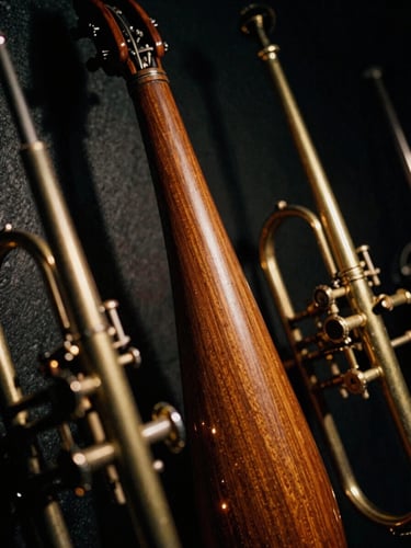 Close-up of polished wood and brass instruments catching stage light, dramatic low-key stage lighting, deep shadows, rich gold and charcoal tones, 35mm film