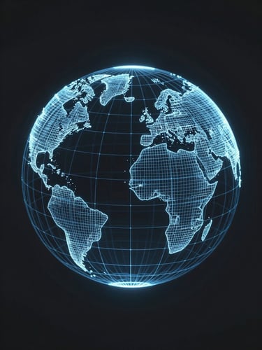 Stylized glowing wireframe globe graphic, dark slate background, subtle blue neon lines, minimalist technical design, high contrast