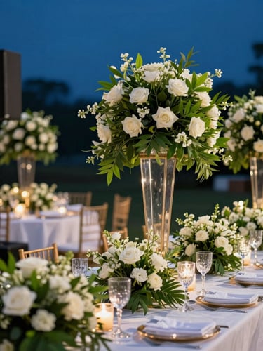 Close-up of a premium outdoor wedding reception in Benin, elegant floral arrangements, professional sound equipment subtly integrated, warm ambient lighting, crisp details