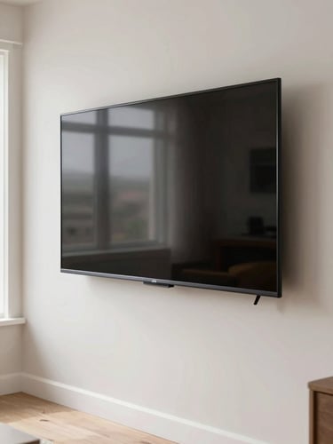Large flat-screen television mounted flush on a painted drywall surface in a modern living room, cables completely hidden, natural window light from the left, clean baseboards visible below