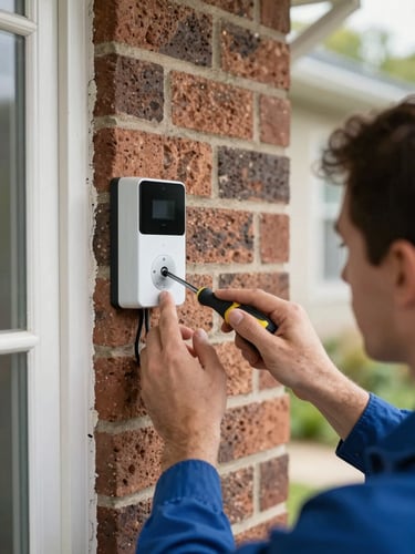 Technician installing a smart doorbell on a brick residential exterior, wiring tucked behind trim, natural afternoon daylight, hands holding a screwdriver against the doorframe, clean finish visible