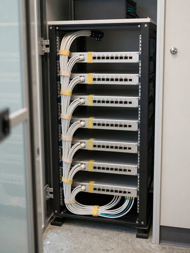 Network rack in a small office utility closet, cables neatly bundled and labeled with velcro ties, router and patch panel mounted flush, natural light from an open door, clean concrete floor visible below