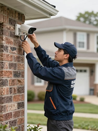 Medium shot of a KAB Tech technician in branded work gear mounting a security camera on a brick exterior wall, natural daylight, clean cable run visible against the wall, focused expression, suburban home in soft background