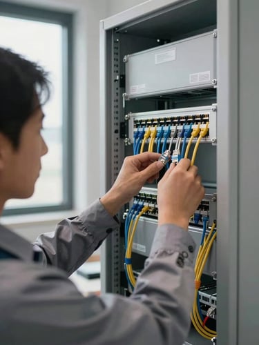 Medium shot of a technician in branded work shirt routing ethernet cables through a clean wall-mounted network rack in a small business office, cables neatly bundled with velcro ties, natural window light from the left, equipment labels visible