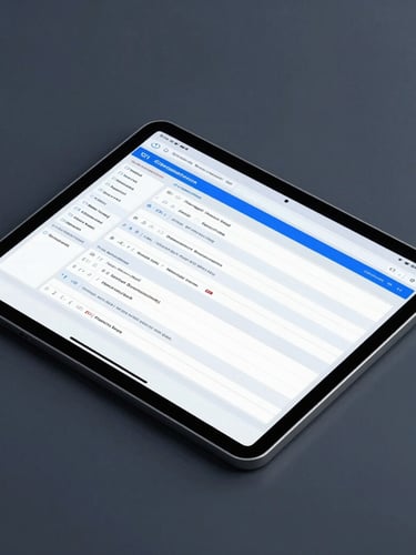 Overhead macro shot of a clean developer workspace, a tablet displaying a structured database schema, cool blue screen glow, minimalist tech photography