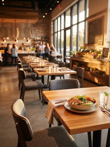Modern fast-casual restaurant interior at golden hour, clean lines, comfortable seating, warm lighting, empty tables inviting guests, focus on a well-set table to the right, expansive dining area.