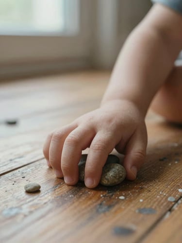 Close-up of a small child's hand resting on a worn wooden floor, fingers curled loosely around a smooth pebble, warm afternoon window light falling across the knuckles, shallow depth of field, documentary stillness