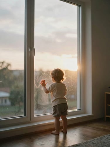 Wide environmental frame of a toddler standing at a tall living-room window, back turned, small hands pressed flat against the glass, looking out at a grey-gold afternoon light flooding the room from the right, warm dust motes visible in the air, wooden floor, sparse domestic scene