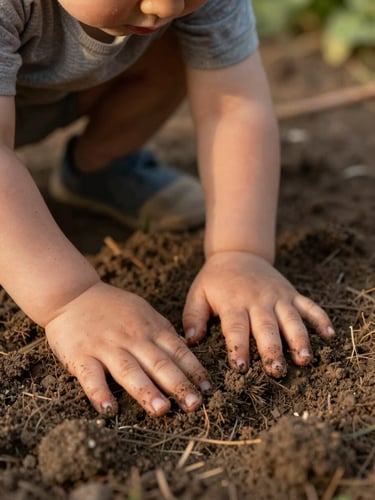 Portrait-orientation frame of a toddler's small hands pressing into soft earth in a garden, afternoon golden light low from the right, dirt visible under fingernails, quiet domestic background slightly out of focus