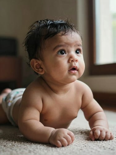 Portrait-oriented close shot: Vardaan at a few months old lying on his stomach on a textured surface, looking upward with an alert expression, natural window light from the right side casting soft shadows across his face, honest and unposed