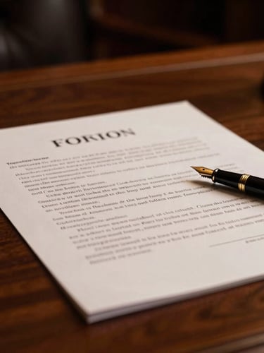 Close-up of a signed legal contract on a heavy mahogany desk, elegant fountain pen, warm dramatic lighting, shallow depth of field