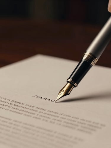 Macro shot of an elegant luxury fountain pen signing a structured legal document on a dark mahogany desk, warm side lighting, shallow depth of field, moody corporate atmosphere
