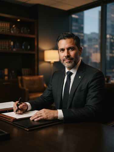 Authoritative portrait of lawyer Jared Montiel Ochoa in a dark tailored suit, warm low-key lighting, corporate office background, shallow depth of field