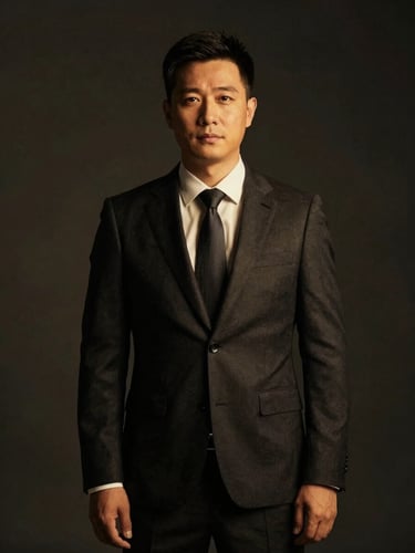 Authoritative professional portrait of a male attorney in a dark tailored suit, low-key studio lighting, warm golden highlights, dark background, confident and protective expression