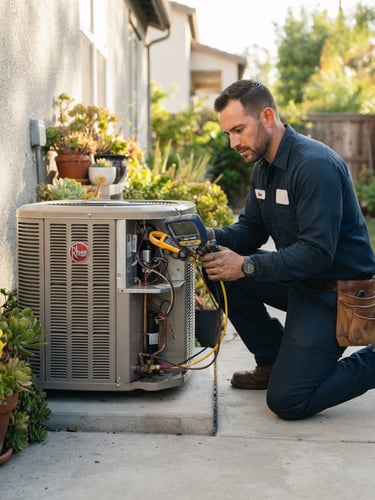 A professional technician in a clean blue uniform inspecting a modern air conditioning unit on a bright Cali afternoon, holding diagnostic tools, natural lighting.
