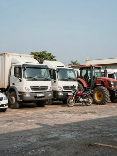 Wide panoramic view of a busy working yard in Paranaguá showing a truck, a car, a motorcycle and a tractor parked side by side under open daylight, practical work environment, no staging, concrete ground visible